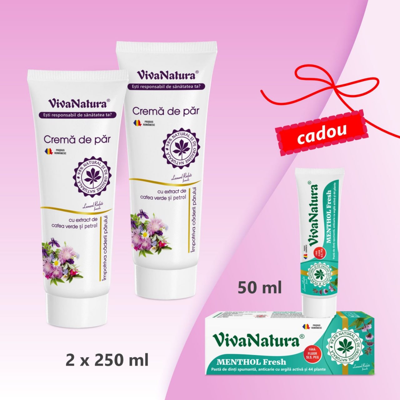 Pachet 2 buc. Cremă de păr cu cafea verde și petrol 250 ml + CADOU - Menthol Fresh – pastă de dinți naturală 99,8% cu argilă și plante, fără fluor, 50 ml